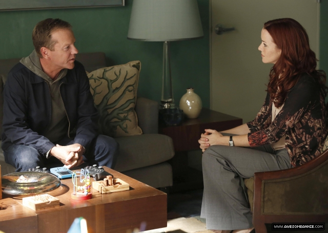 TOUCH:  Martin (Kiefer Sutherland, L) meets with the daughter (guest star Annie Wersching, R) of a man that Jake led him to that is on death row in the "Clockwork" episode of TOUCH airing Friday, March 29 (9:00-10:00 PM ET/PT) on FOX.  ©2013 Fox Broadcasting Co.  Cr:  John P. Johnson/FOX