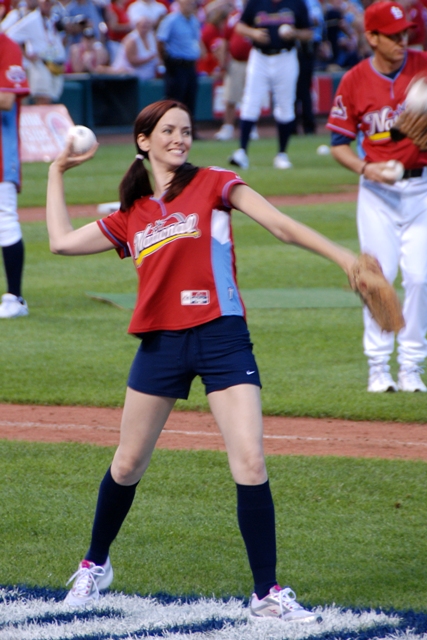 Annie Wersching pitching at Celebrity Softball game 2009
