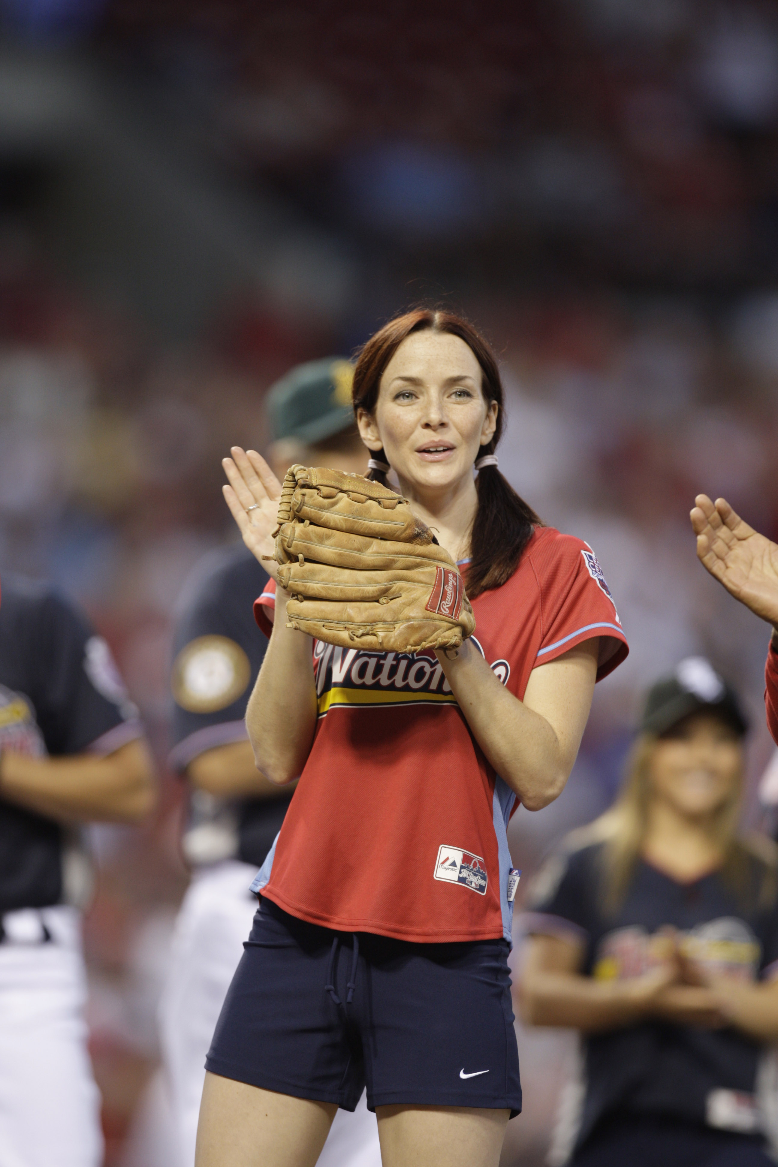 Annie Wersching pitching at Celebrity Softball Game
