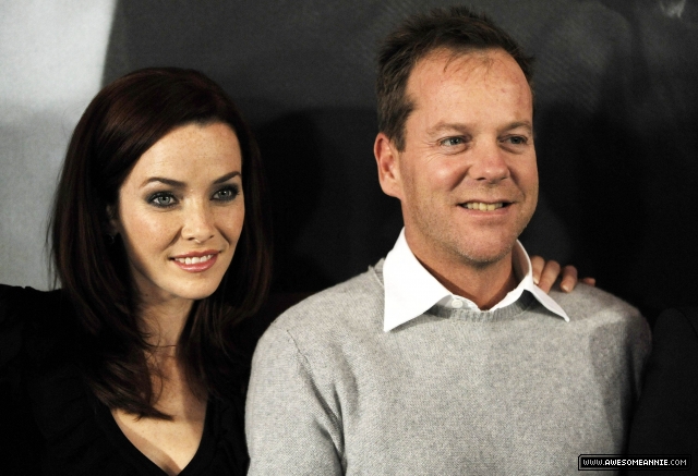 Annie Wersching and Kiefer Sutherland smiling in Munich