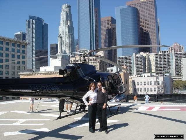 Annie Wersching and Carlos Bernard with a helicopter