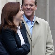 Annie Wersching and Kiefer Sutherland laughing while filming 24