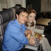 Annie Wersching with Jason Behr on Company Man set 04